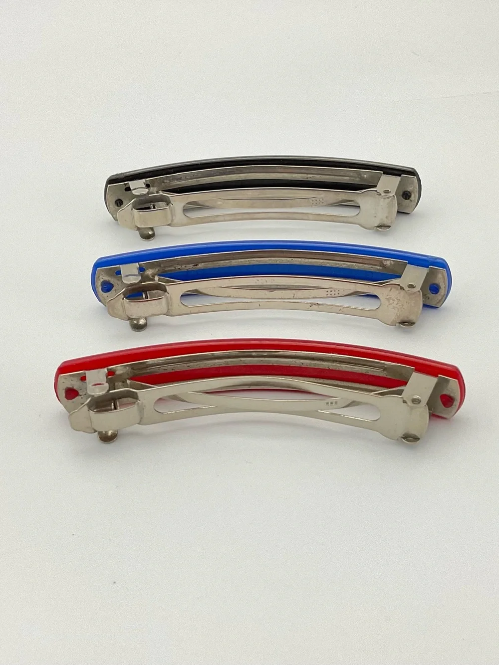 Vintage 80s Trio of Barrettes in Black, Blue & Red, New Wave, Snap Hair Clips